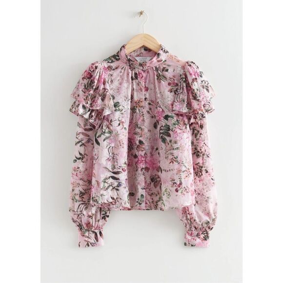 & Other Stories Ruffle Mock Neck Frilled Top Size 4 Prairie Sheer Velvet Burnout - Picture 2 of 15